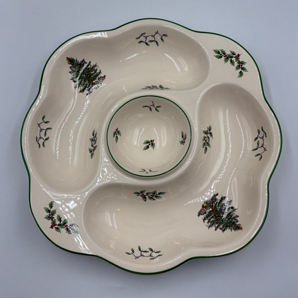 Spode Christmas Tree Divided Chip & Dip Platter Ceramic Porcelain Holiday